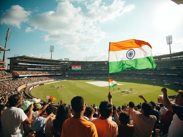 Indian cricket stadium packed with fans waving team flags