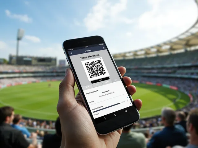 App download QR code on cricket stadium backdrop