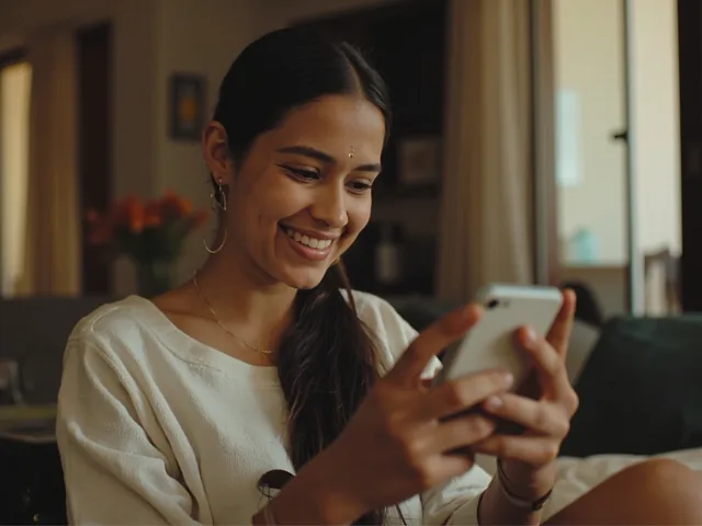Indian user installing app on phone, modern home
