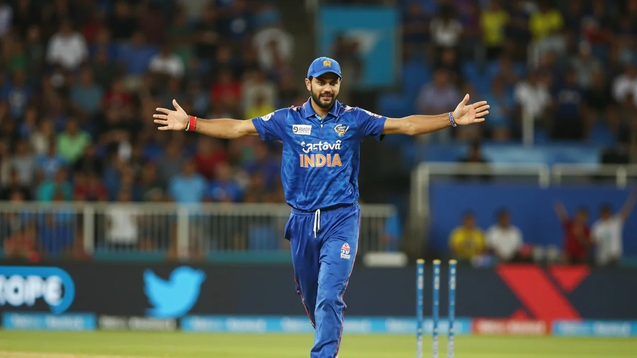 Tight sideline action frame showing a captain holding his bat raised after a milestone, with a fielder in the deep and the bowler at the non-striker's end, captured at the moment a fantasy app's captain multiplier is decided