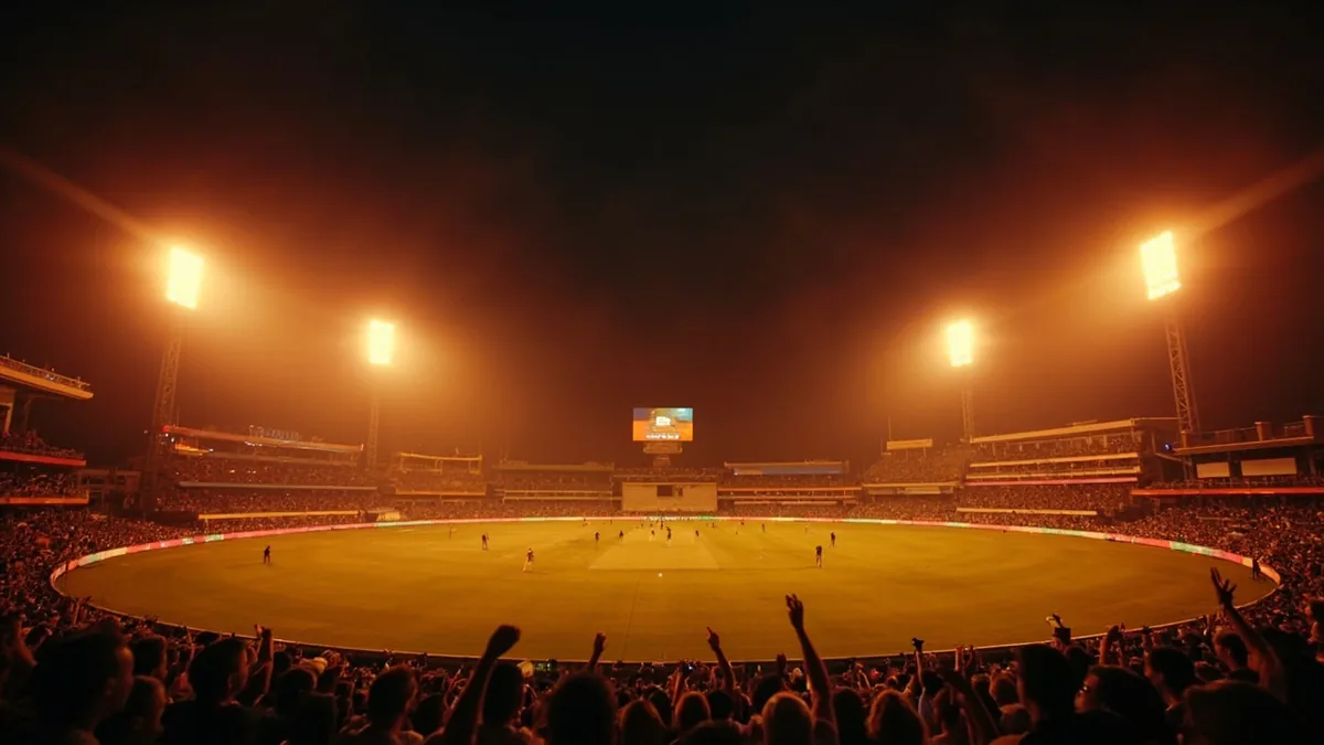 Live cricket match stadium floodlights with glowing scoreboard