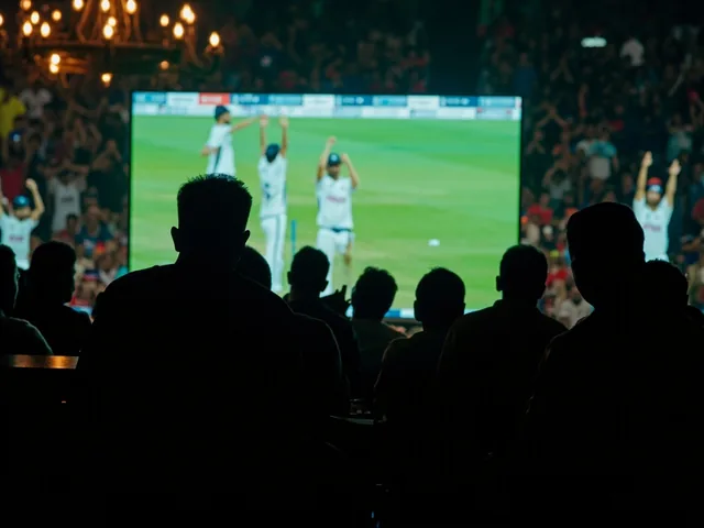 Indian cricket fans watching match on big screen in sports bar