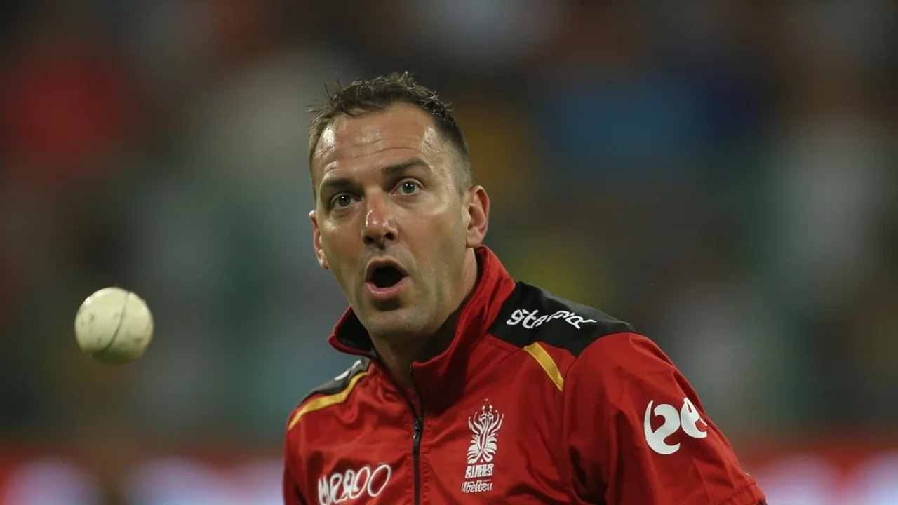 Tight sideline frame of a coach in team kit gesturing toward a fast bowler at the end of his run-up, with the batsman waiting at the far end and a shallow depth of field separating coach and player from the crowd behind the boundary rope