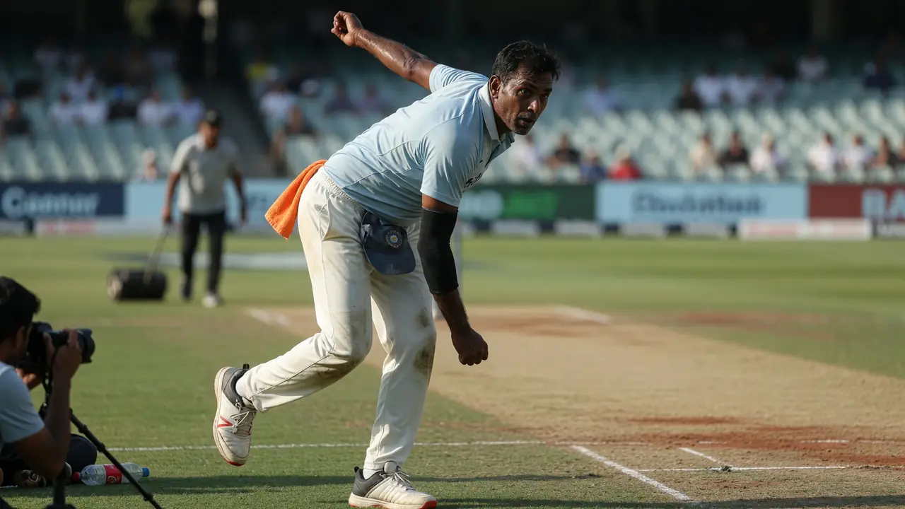 Tight sideline action frame of a right-arm fast bowler releasing the ball at the crease, front arm high, with a batter waiting and a blurred crowd behind the sightscreen
