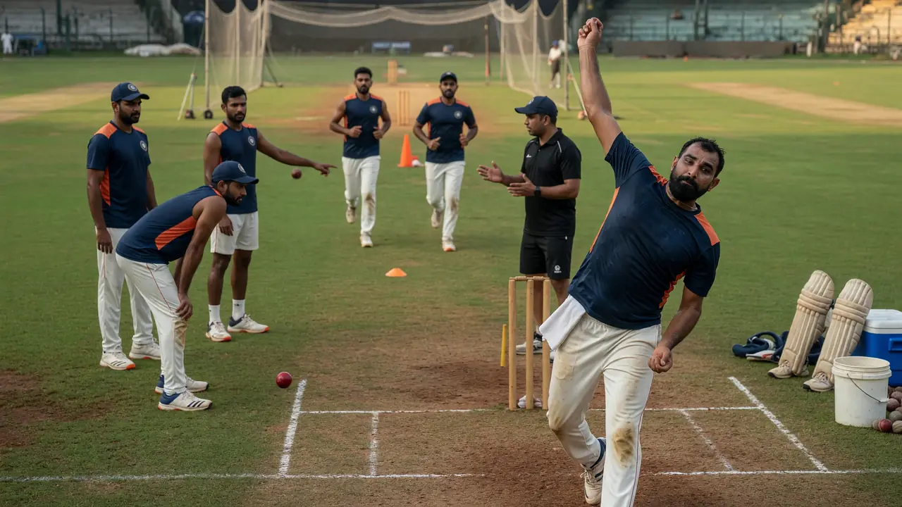 Medium tactical view of a cricket field with a captain adjusting a slip cordon, the bowler walking back to his mark and fielders set for a new-ball spell under afternoon light