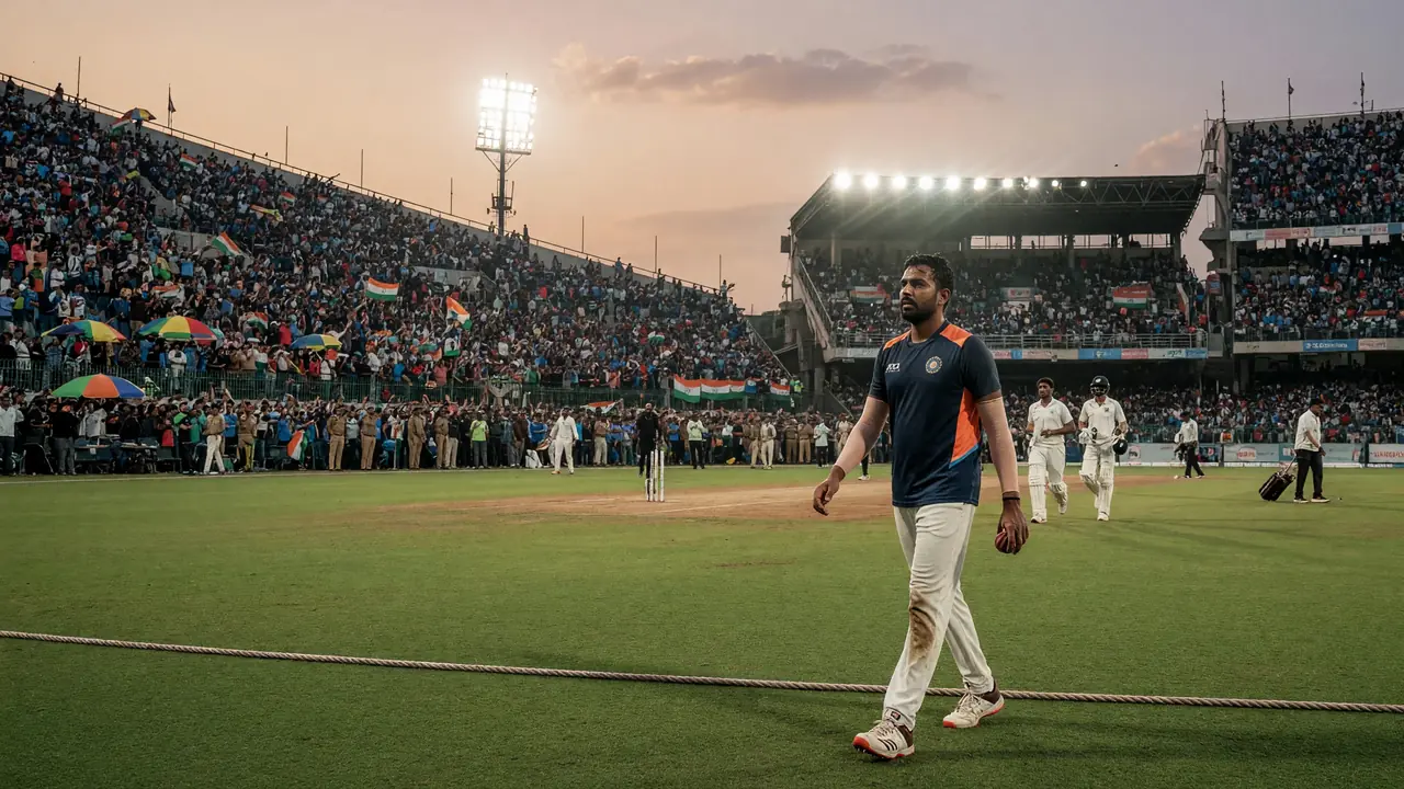 Wide establishing view of a packed day-night cricket stadium with floodlights above layered stands, the square in the middle distance and advertising boards ringing the boundary