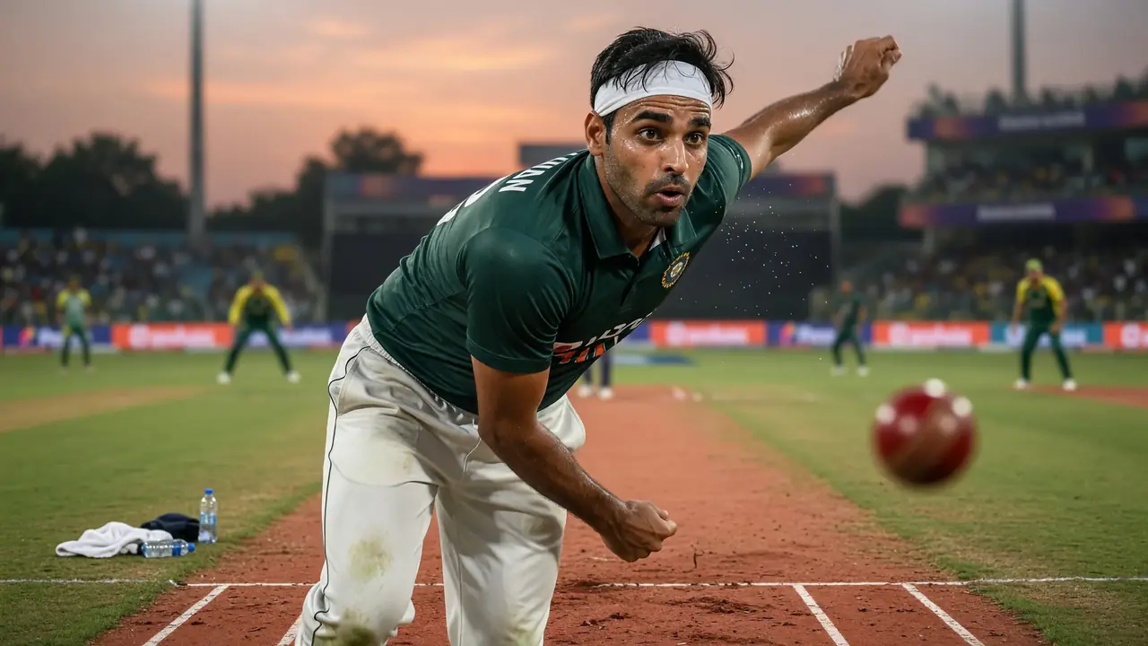Tight sideline action frame of a right-arm fast bowler at the crease in delivery stride, arm high and body leaning into the release under natural stadium light