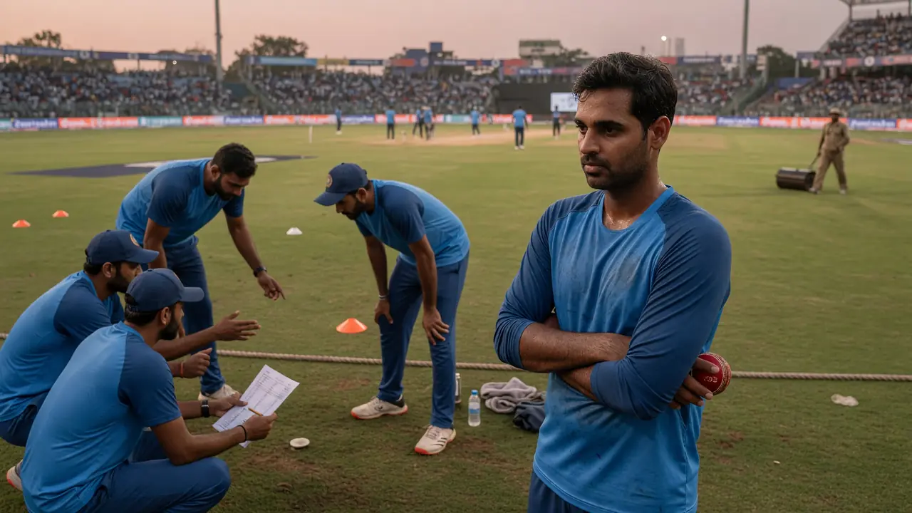 Medium tactical view of fielders and a bowler setting positions on a grass outfield, with training kit, cones and equipment visible near the square