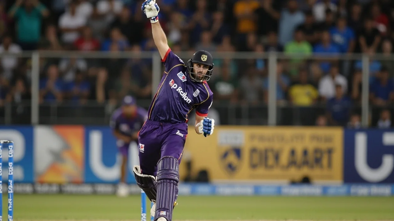 Medium-range shot of a bowler finishing his delivery stride at the Arun Jaitley Stadium, with a slip cordon and short leg in place, two fielders in the catching ring and the batter holding shape at the far end