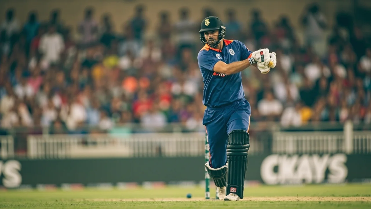 Batter in white cricket kit plays a front-foot drive on the off side during a daylight match, with fielders visible behind the stumps and a packed stand in the background
