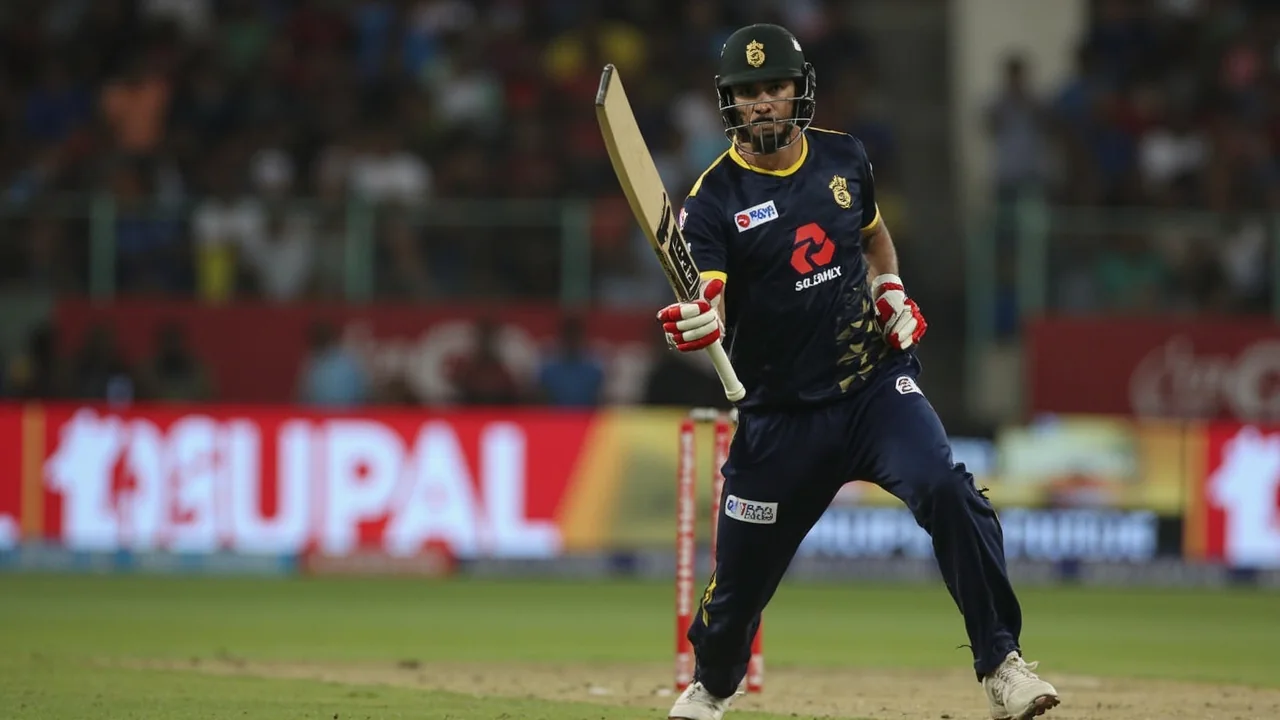 Tight sideline frame of a left-arm spin bowler at the point of release, the front foot planted and the bowling arm high, with the batter set at the other end and the close-catching cordon visible behind the bat