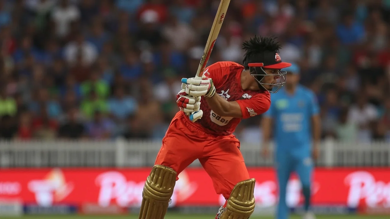 Tight sideline frame of a Desert Vipers batter playing through the leg side during a Global Super League fixture, with the slip cordon visible and the fielding captain gesturing to a fielder to adjust the ring
