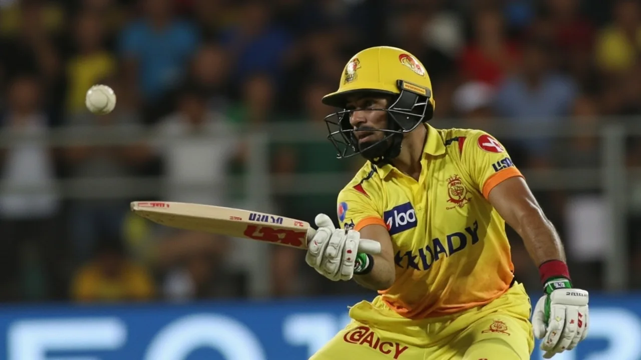Tight sideline frame of a left-handed batter playing on the off side at the crease, bat raised mid-stroke, with a fielder visible in the background and the wicketkeeper standing back