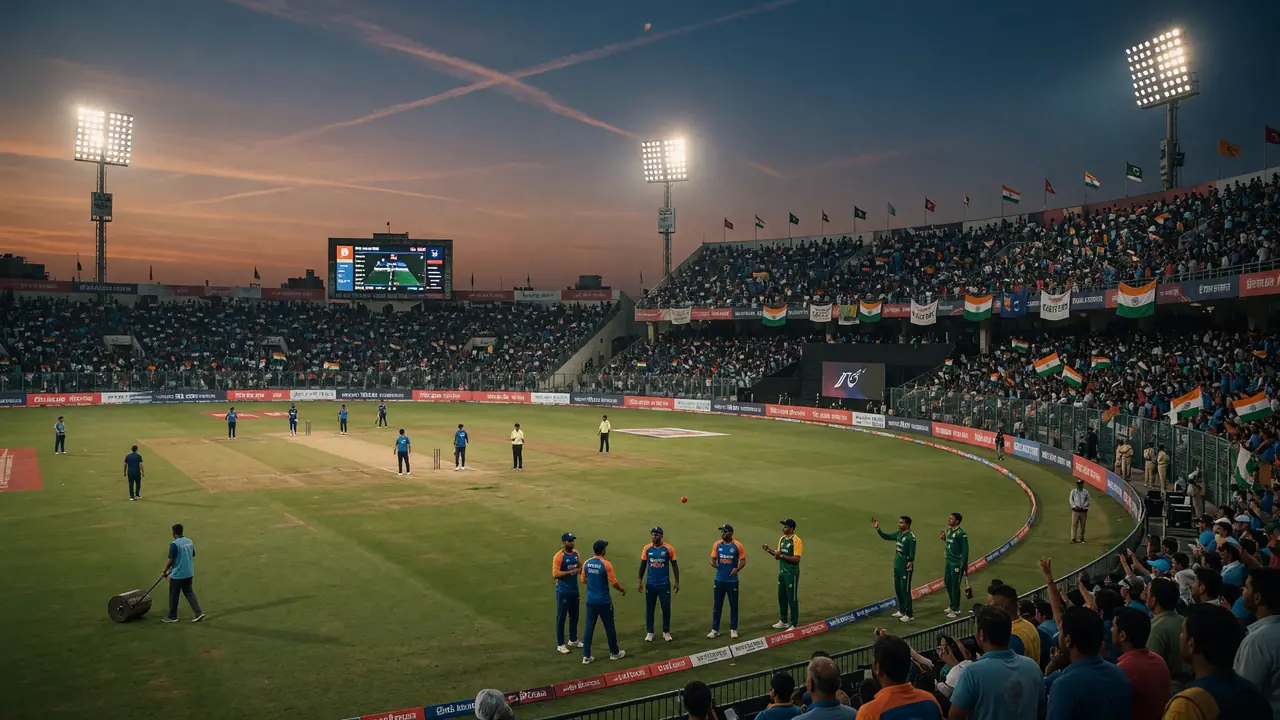 Wide establishing view of a packed day-night cricket stadium with floodlights above layered stands, the square in the middle distance and advertising boards ringing the boundary
