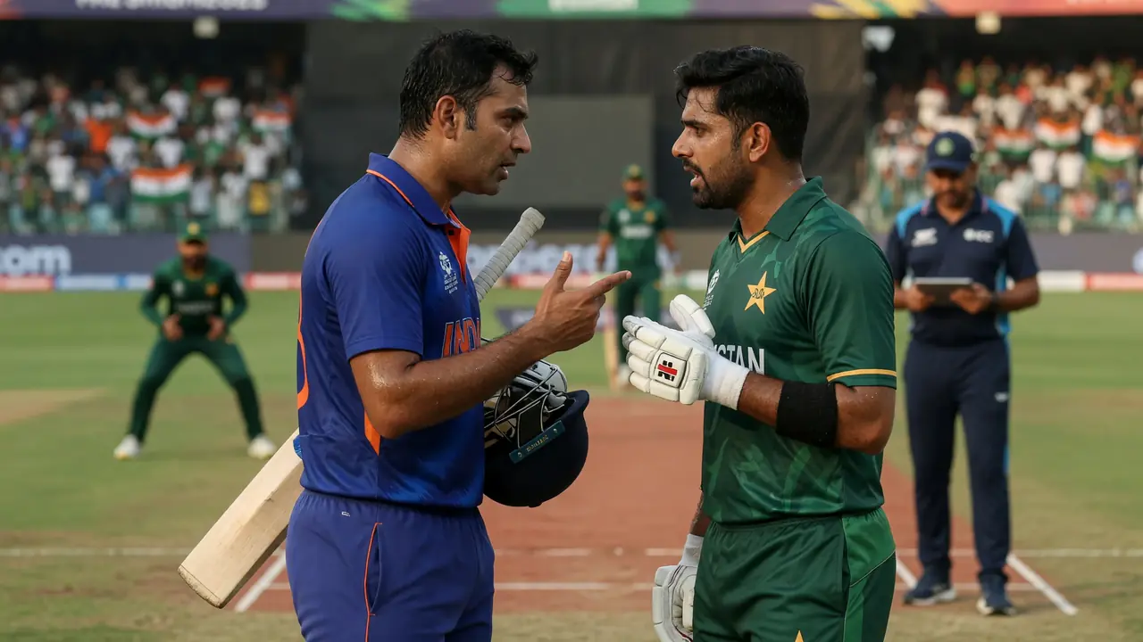 Tight sideline action frame of a batter driving through the off side during a day-night one-day international, with the wicketkeeper and a close fielder blurred behind the stumps