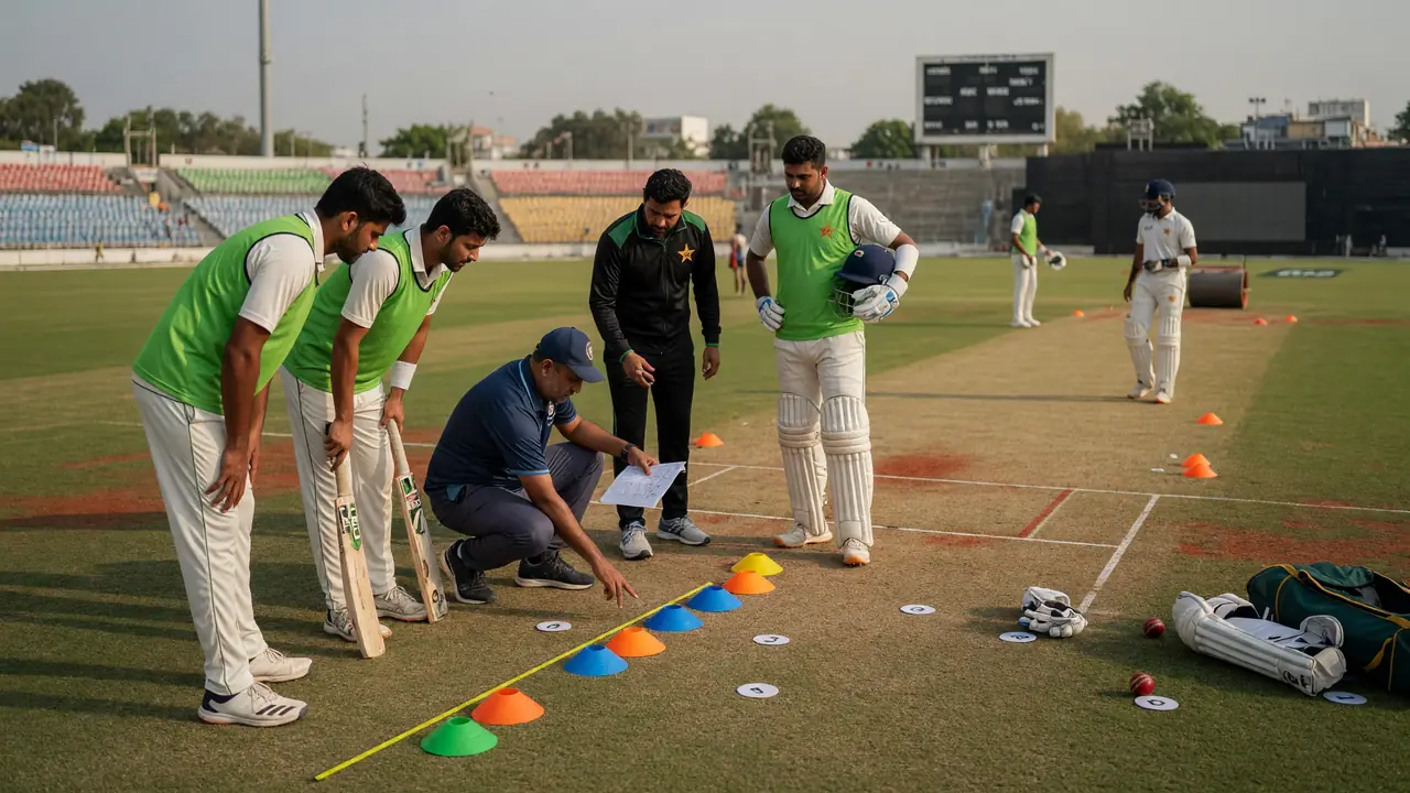 Medium tactical view of fielders adjusting positions between overs on a green one-day outfield, with the bowler walking back to his mark and the batter resetting at the crease