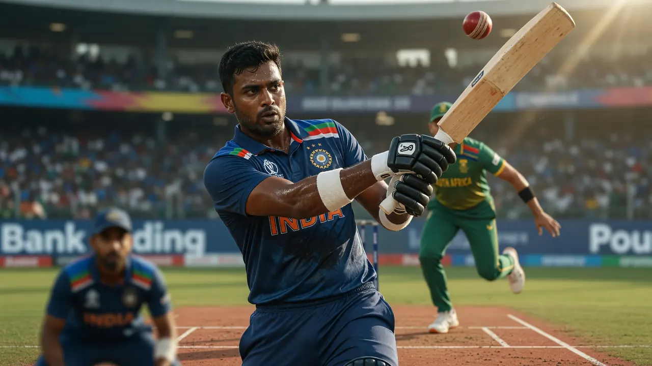 Tight sideline action of a batter driving through the off side under floodlights, with a close fielder watching the ball and stadium seating blurred behind the rope
