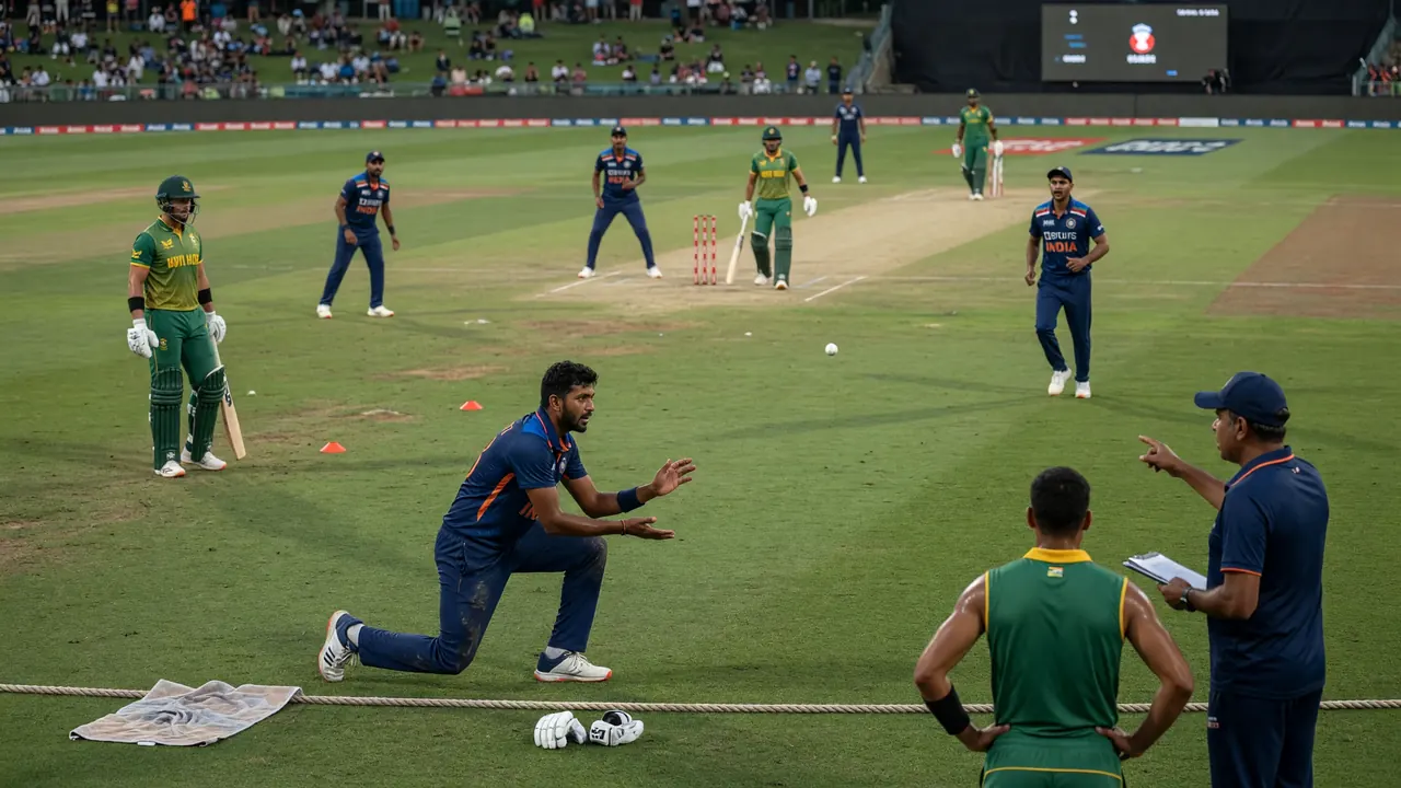 Medium tactical view of fielders set in the ring under floodlights, with a bowler at the top of the mark and the batter waiting at the crease on a flat evening pitch