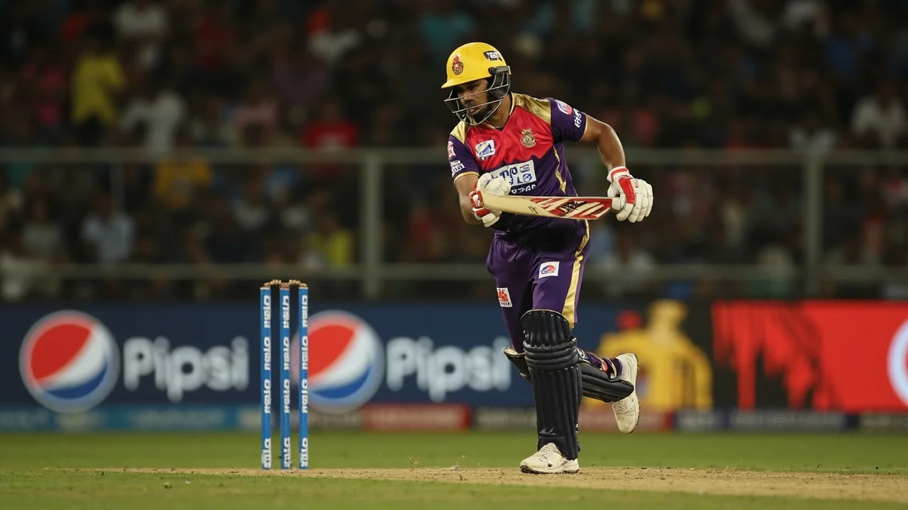 Tight sideline frame of an Indian batter in the middle of a horizontal-bat drive through the off side, with the ball visible just after contact and fielders spread in the background