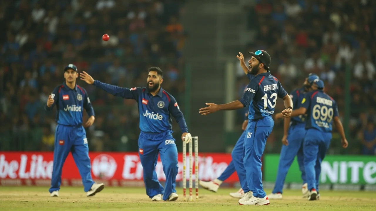 Medium-angle shot of a spin bowler at the point of release at one end of an Indian cricket pitch, with fielders in catching positions at slip and short leg, and the striker visible at the other end