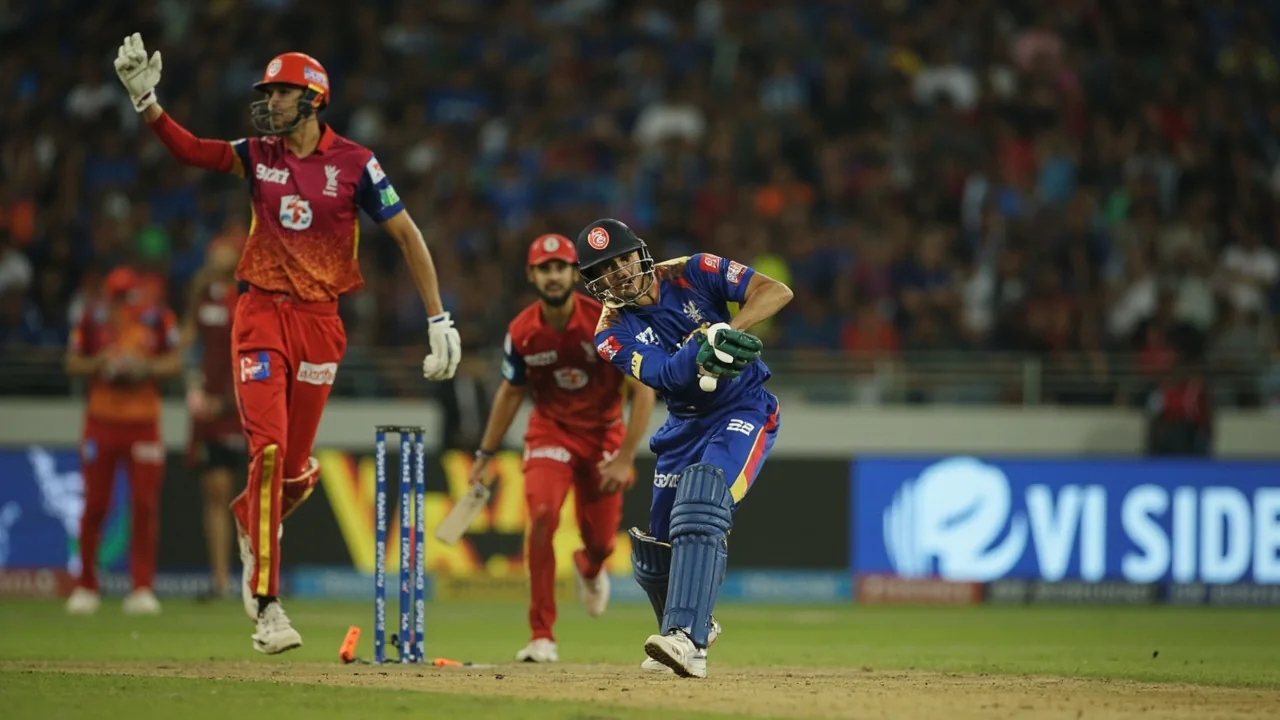 Medium tactical shot of an IPL match in progress, with the fielding captain setting positions, three close catchers in catching stances and the batter waiting at the crease with the ball visible at the bowler's end