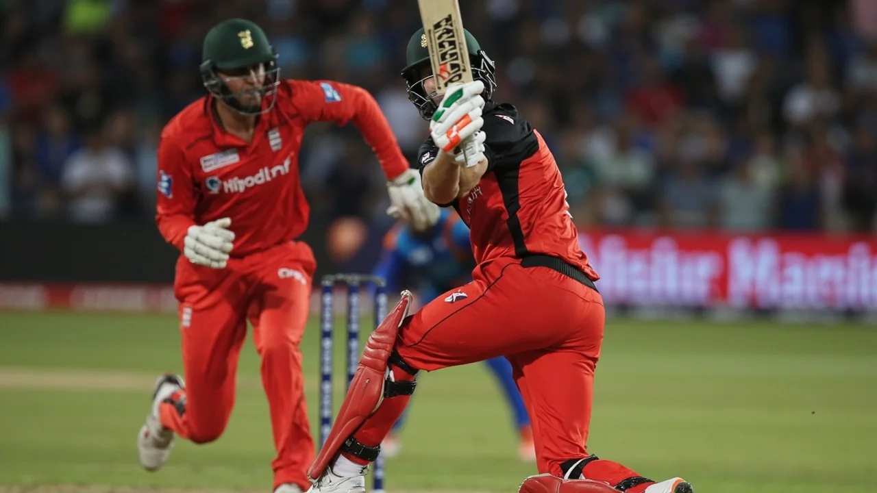 Tight sideline frame of a Netherlands batter playing through the off side during a League 2 fixture, with the slip cordon visible and the fielding captain adjusting his field at the end of the over
