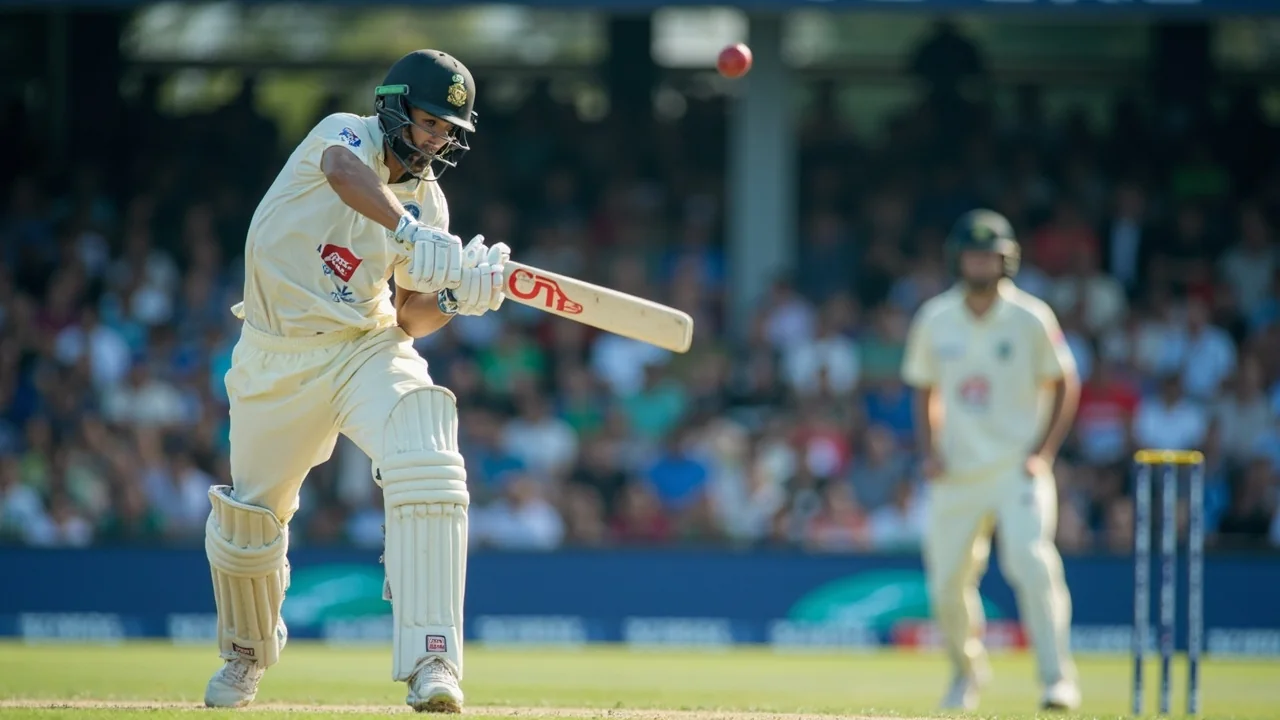 Tight sideline frame of a spin bowler at the crease in the middle of his delivery stride, with a left-handed batter at the far end holding shape and the ball captured just after release