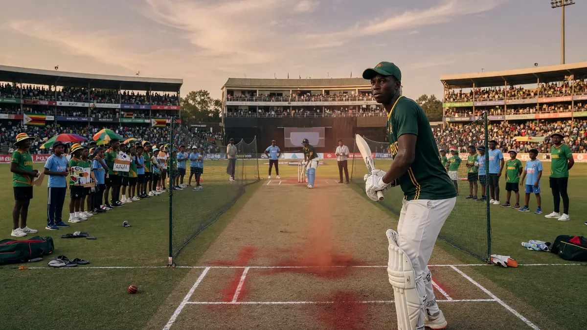 Batter in a green cap and jersey stands inside practice nets on a stadium pitch at dusk, with packed stands and another batter beyond the net