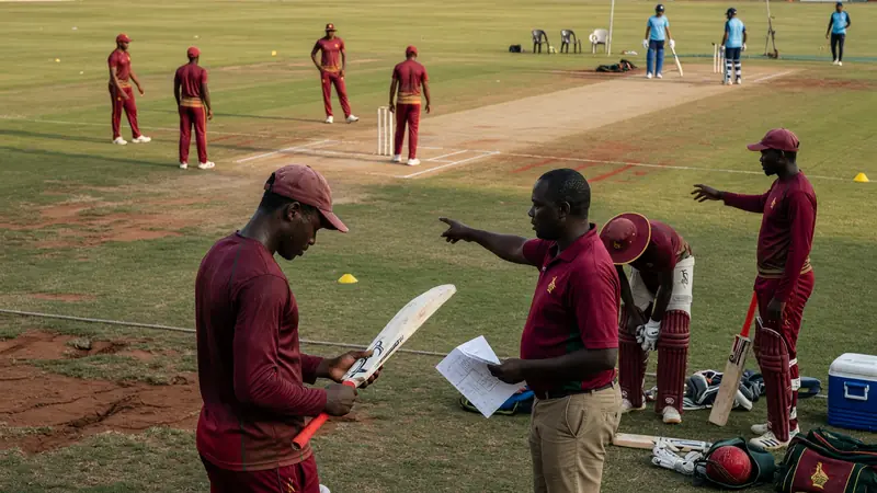 Coach in a maroon polo holds notes and points while speaking with a batter holding a bat during an outdoor cricket training session