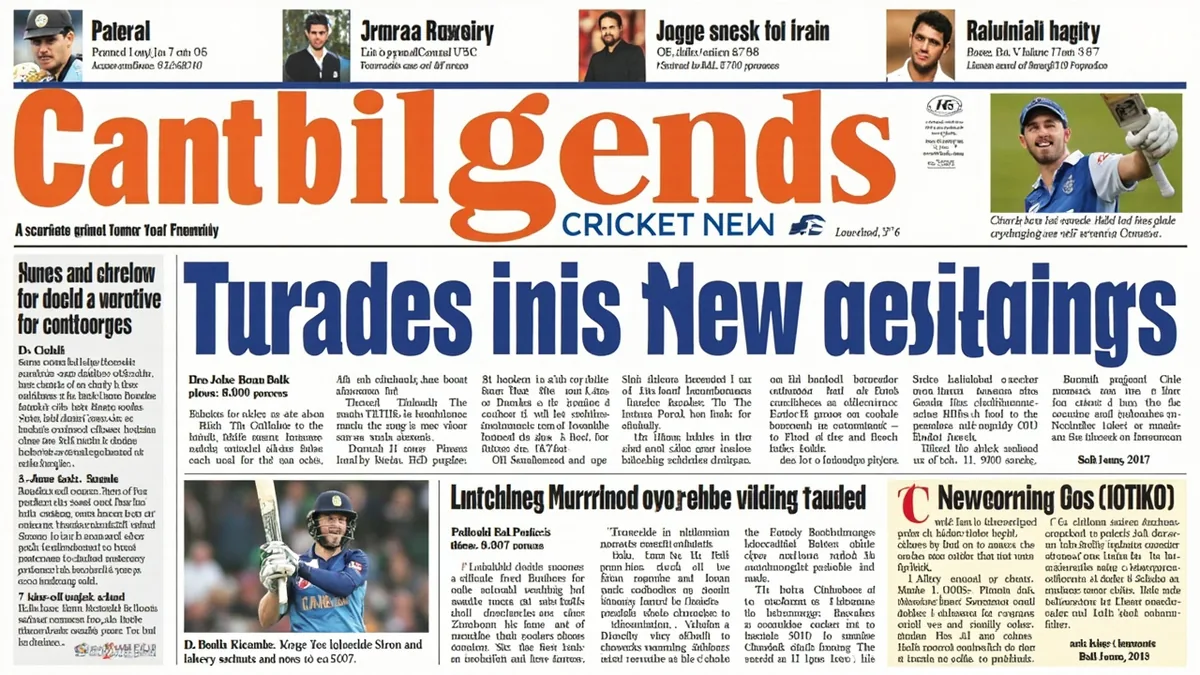 Cricket news banner with headlines and photos