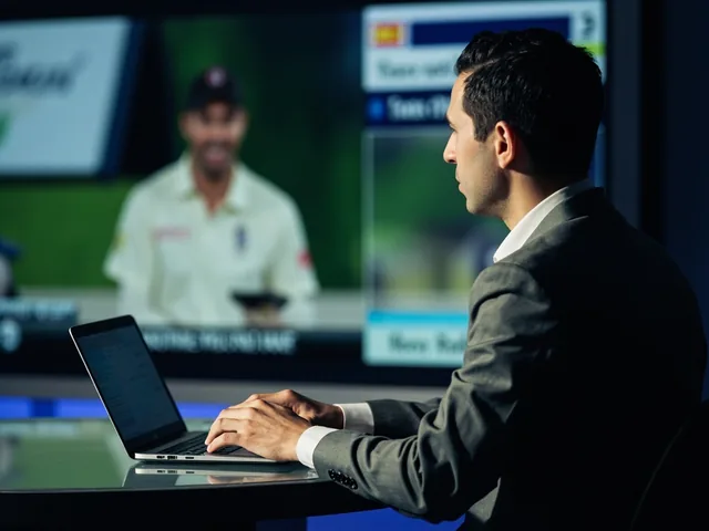 Sports journalist typing on laptop with cricket match on TV
