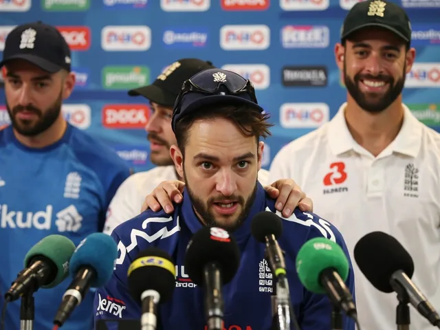 Cricket press conference with microphones at podium