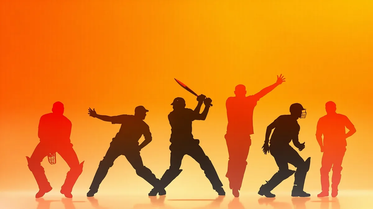Fantasy cricket players silhouettes in dynamic action poses
