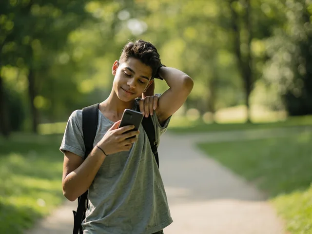 Young Indian taking a break from phone in park