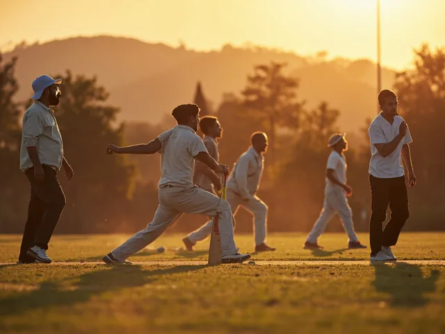 Group of friends playing cricket outdoors in evening