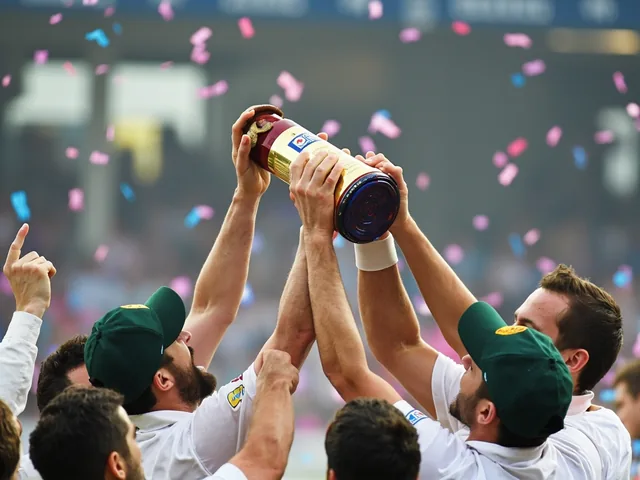 Cricket team celebrating victory with trophy lift