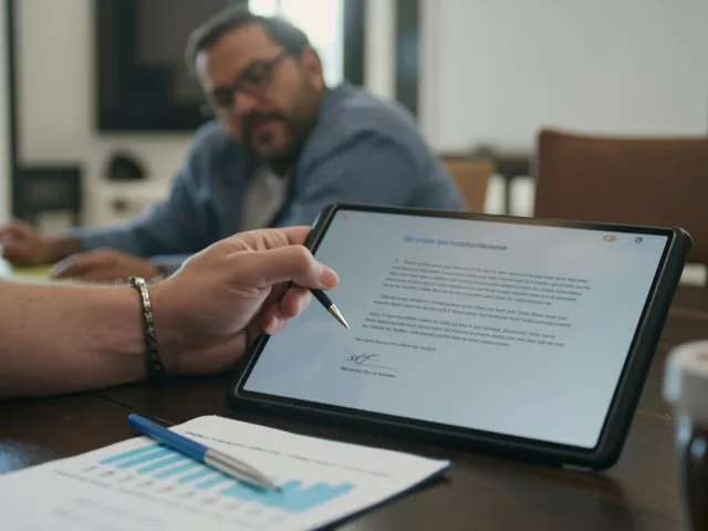 Hand signing digital agreement on tablet screen