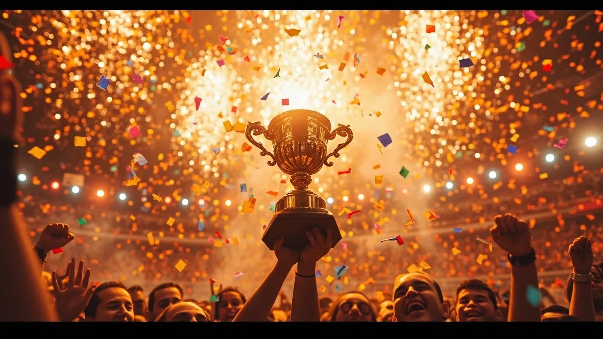 Fantasy cricket winners celebration with confetti and trophy
