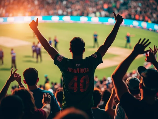 Cricket fans cheering with raised arms in stadium